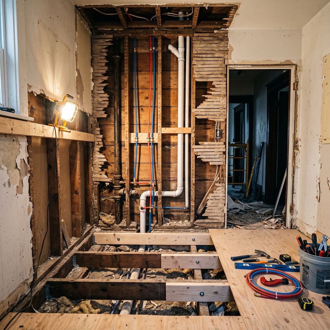 Bathroom in an older house opened to the studs with new plumbing